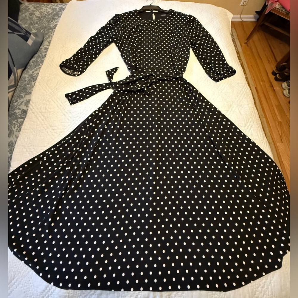 Ralph Lauren Black and White A-Line Dress with Cuffed 3/4 Sleeves